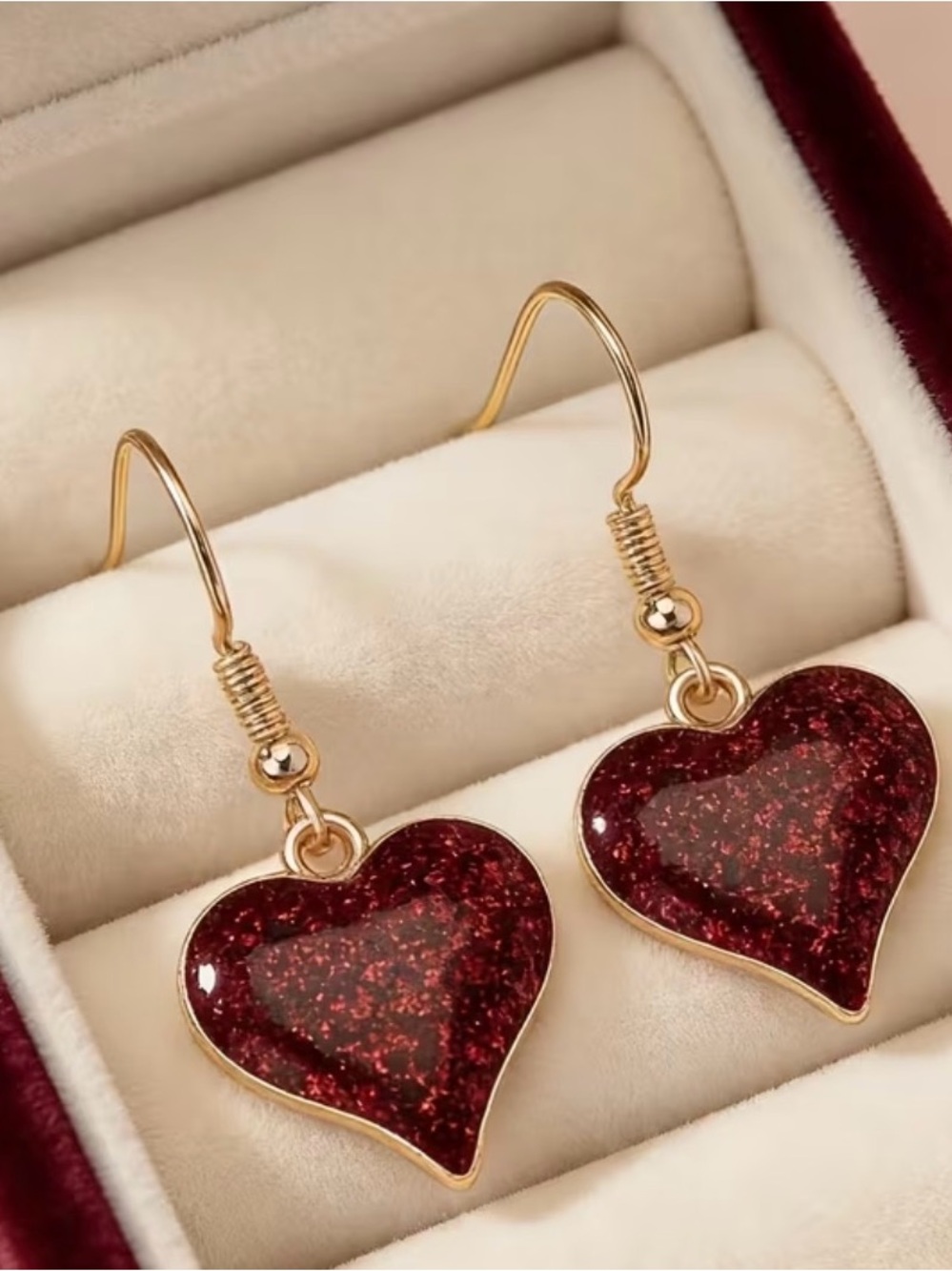 Gold-Tone Red Glitter Heart Drop Earrings - Women's Jewelry